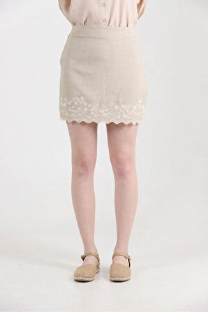 Nakışlı Taş Rengi Keten Kadın Mini Etek