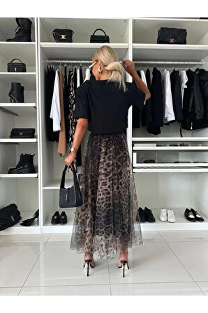 Leopar Desenli Tül Etek