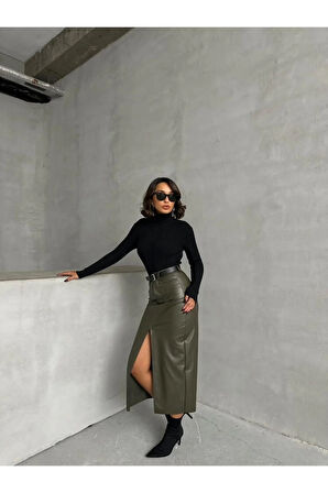 Haki Suni Deri Önden Yırtmaçlı Etek