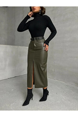 Haki Suni Deri Önden Yırtmaçlı Etek