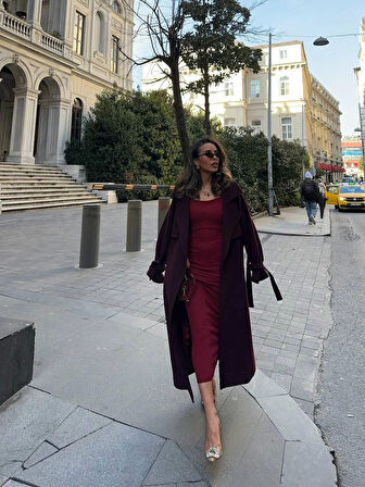 Bordo Askılı Yırtmaçlı Elbise