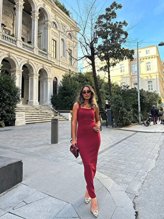 Bordo Askılı Yırtmaçlı Elbise