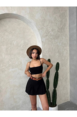 Siyah Gabardin Pileli Kadın Şort Etek