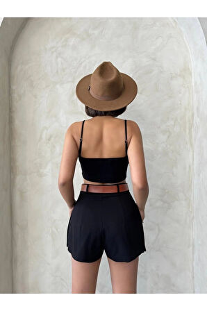 Siyah Gabardin Pileli Kadın Şort Etek