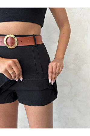 Siyah Gabardin Pileli Kadın Şort Etek