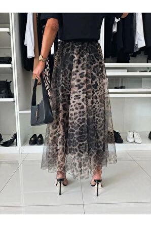Leopar Desenli Tül Etek