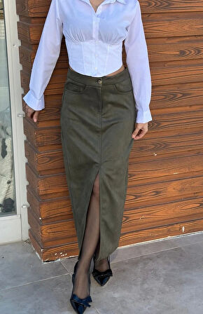 Haki Süet Önden Yırtmaçlı Midi Etek