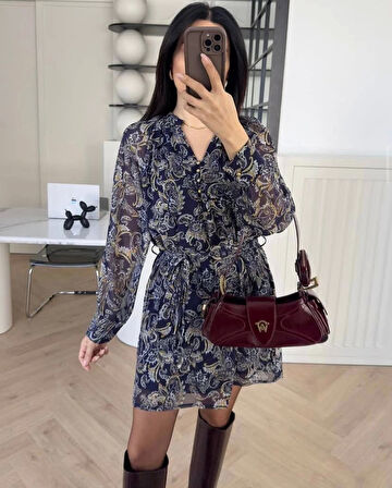 Şal Desen Kuşaklı Şifon Kadın Elbise