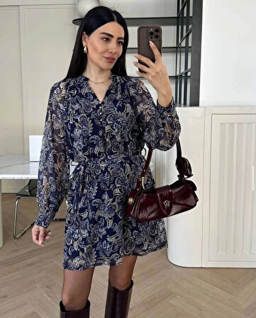 Şal Desen Kuşaklı Şifon Kadın Elbise