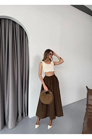 85 Cm - Paraşüt Kumaş Kahverengi Etek