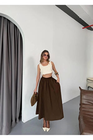85 Cm - Paraşüt Kumaş Kahverengi Etek