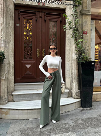 Haki Beli Lastikli Çilek Kumaş Kadın Pantolon