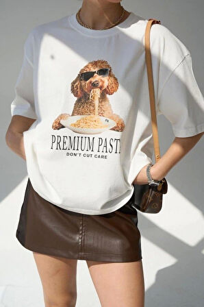 %100 Pamuk ToyPoodle Makarna Desenli Beyaz Kadın Tshirt