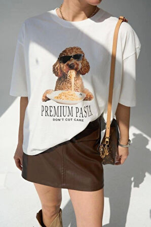%100 Pamuk ToyPoodle Makarna Desenli Beyaz Kadın Tshirt