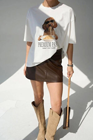 %100 Pamuk ToyPoodle Makarna Desenli Beyaz Kadın Tshirt