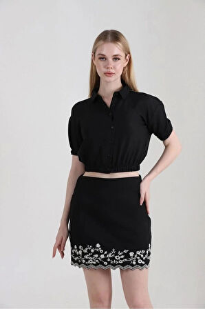 Nakışlı Siyah Keten Kadın Mini Etek