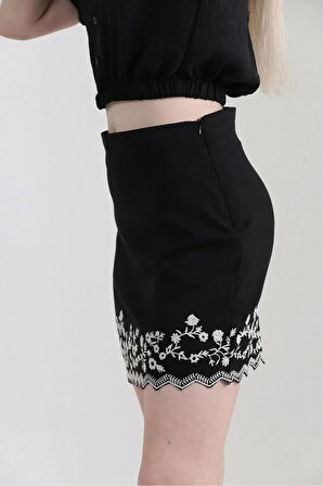 Nakışlı Siyah Keten Kadın Mini Etek