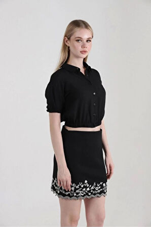 Nakışlı Siyah Keten Kadın Mini Etek