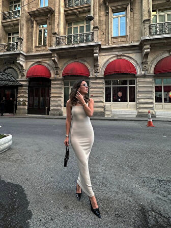 Ekru Askılı Yırtmaçlı Elbise