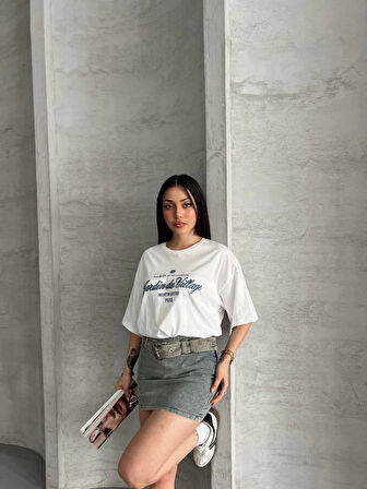 Jardin Nakışlı Oversize Suprem Basic Kadın T-shirt