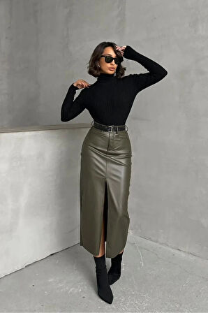 Haki Suni Deri Önden Yırtmaçlı Etek