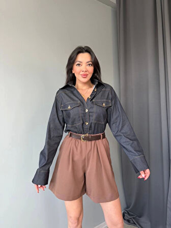 Koyu Lacivert Cepli Denim Kadın Gömlek