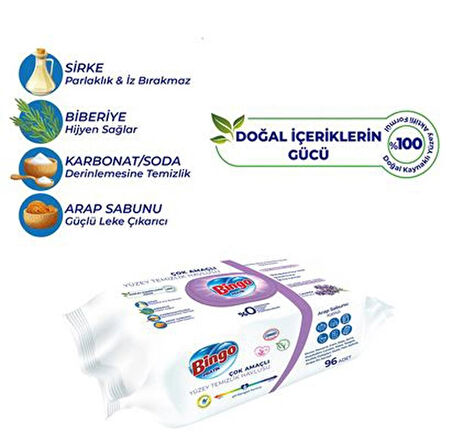Bingo Pratik Yüzey Temizlik Havlusu Beyaz Sabun 96lı + Arap Sabunu Katkılı Lavanta 96lı 2'li Set