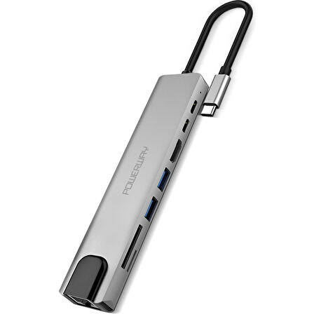 Powerway 8 in 1 Type-C Hub Dönüştürücü 4K Hdmi USB Micro Sd Gigabyte Ethernet 