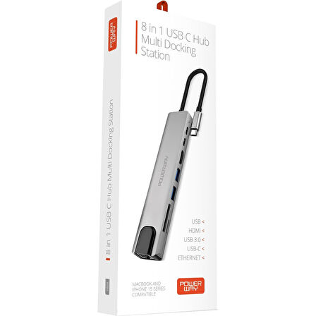 Powerway 8 in 1 Type-C Hub Dönüştürücü 4K Hdmi USB Micro Sd Gigabyte Ethernet 