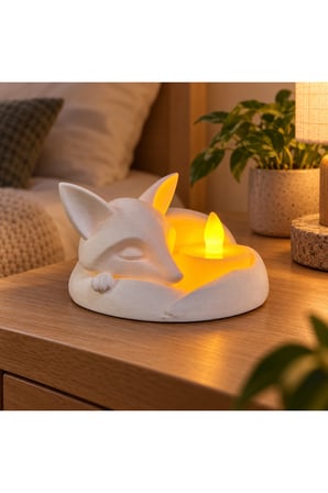 Uyuyan Tilki LED Mumluk – Dekoratif Gece Lambası ve Masa Üstü Işık - Beyaz