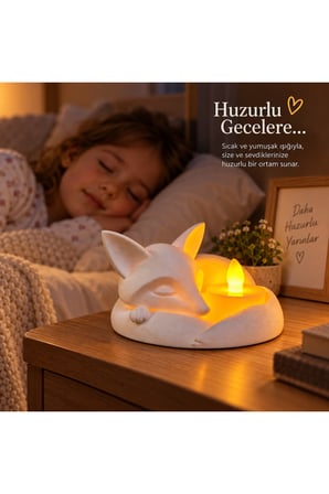 Uyuyan Tilki LED Mumluk – Dekoratif Gece Lambası ve Masa Üstü Işık - Beyaz