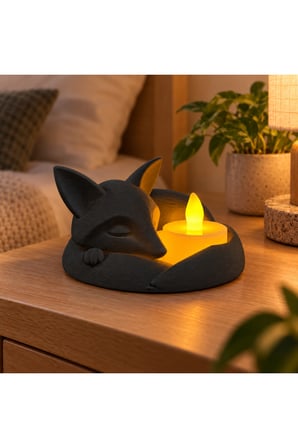 Uyuyan Tilki LED Mumluk – Dekoratif Gece Lambası ve Masa Üstü Işık - Siyah