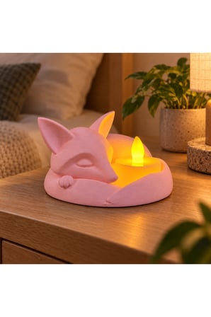 Uyuyan Tilki LED Mumluk – Dekoratif Gece Lambası ve Masa Üstü Işık - Pembe