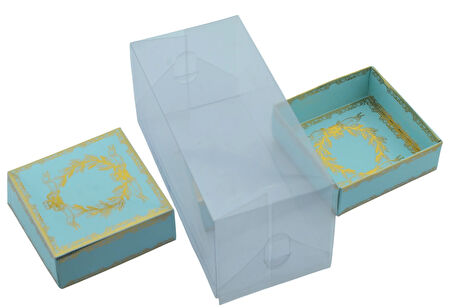 Hediyelik Alt Üst Karton Kapak Mavi Gold Varaklı Arası Asetat Kutu (8CMX8CMX16.5CM)