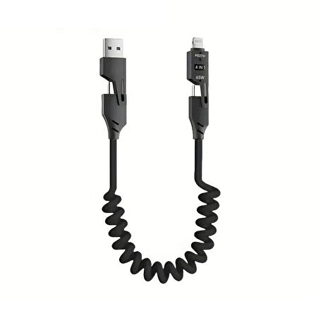 Torima Çok Amaçlı 65W Spiral Kablo | iPhone, Android ve Type-C Uyumlu | 4 Başlık Bir Arada U110