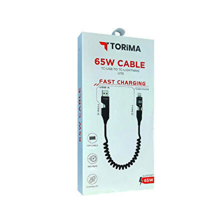 Torima Çok Amaçlı 65W Spiral Kablo | iPhone, Android ve Type-C Uyumlu | 4 Başlık Bir Arada U110