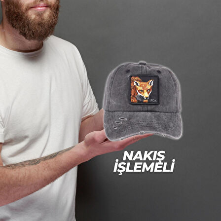 Perlotus Hayvan Desen Fox Tilki Tema Eskitme Pamuklu Şapka