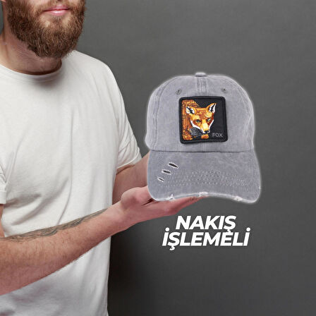 Perlotus Hayvan Desen Fox Tilki Tema Eskitme Pamuklu Şapka