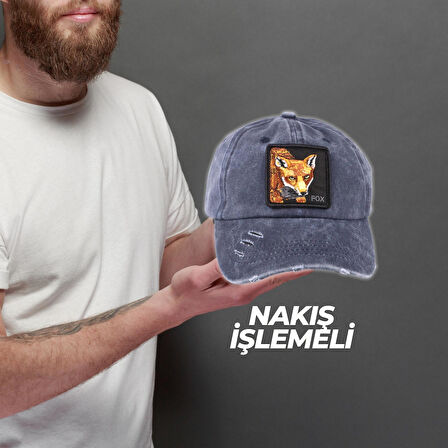 Perlotus Hayvan Desen Fox Tilki Tema Eskitme Pamuklu Şapka