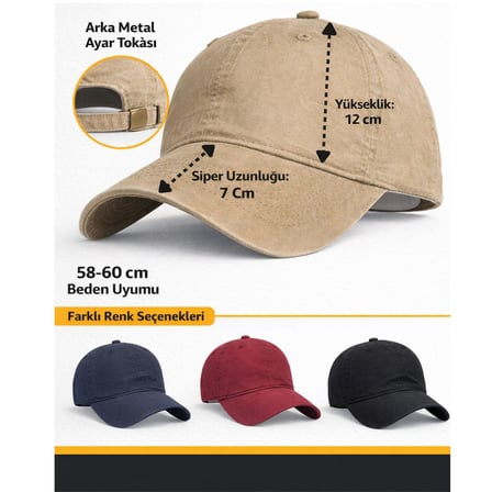 Perlotus %100 Pamuklu Unisex Beyzbol Şapkası, Ayarlanabilir Metal Tokalı 58-60 cm, 4 Mevsim Günlük Kullanım Şapka, Casual Outdoor