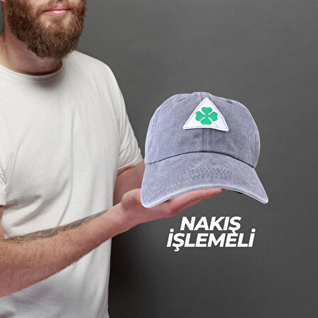 Perlotus Vintage Yıkamalı Pamuk Şapka Dört Yapraklı Yonca Nakışlı Gri