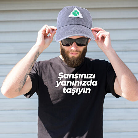Perlotus Vintage Yıkamalı Pamuk Şapka Dört Yapraklı Yonca Nakışlı Gri