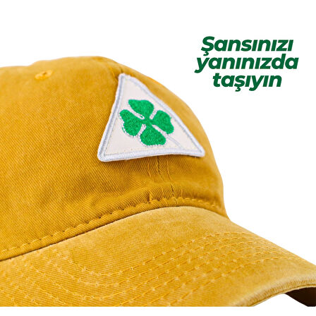 Perlotus Vintage Yıkamalı Pamuk Şapka Dört Yapraklı Yonca Nakışlı Sarı