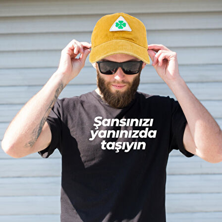 Perlotus Vintage Yıkamalı Pamuk Şapka Dört Yapraklı Yonca Nakışlı Sarı