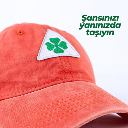 Perlotus Vintage Yıkamalı Pamuk Şapka Dört Yapraklı Yonca Nakışlı Turuncu