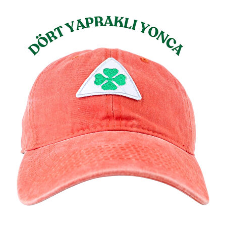 Perlotus Vintage Yıkamalı Pamuk Şapka Dört Yapraklı Yonca Nakışlı Turuncu
