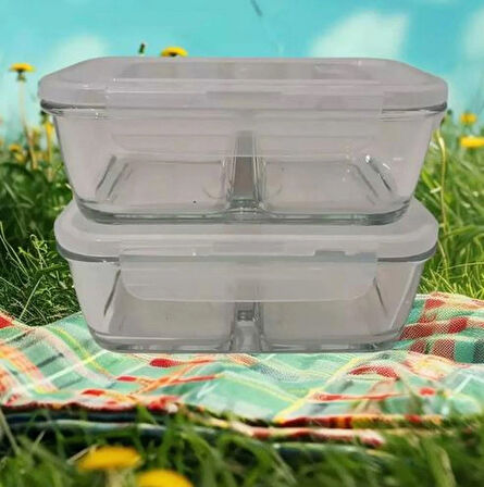 LA V Fresco Cam Kilitli Bölmeli Dikdörtgen Saklama Kabı 2'Li Set 720Cc Beyaz Kapaklı