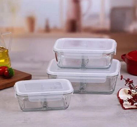 LA V Fresco Cam Kilitli Bölmeli Dikdörtgen Saklama Kabı 2'Li Set 720Cc Beyaz Kapaklı