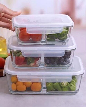 LA V Fresco Cam Kilitli Bölmeli Dikdörtgen Saklama Kabı 2'Li Set 720Cc Beyaz Kapaklı