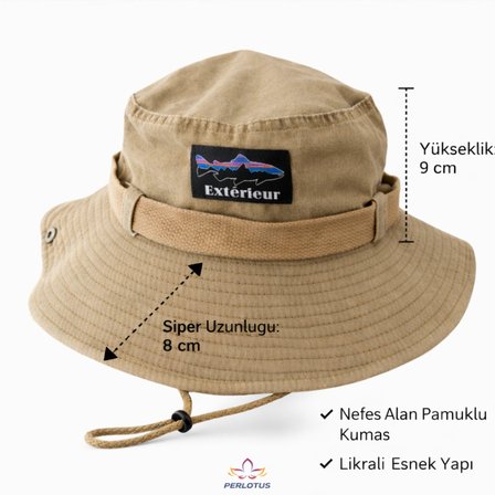 Perlotus Outdoor Safari Şapka – Erkek Kadın Pamuklu Boonie Şapka, Geniş Siperli, Nefes Alan, Ayarlanabilir İpli (Kamp, Balıkçılık, Yürüyüş, Seyahat)